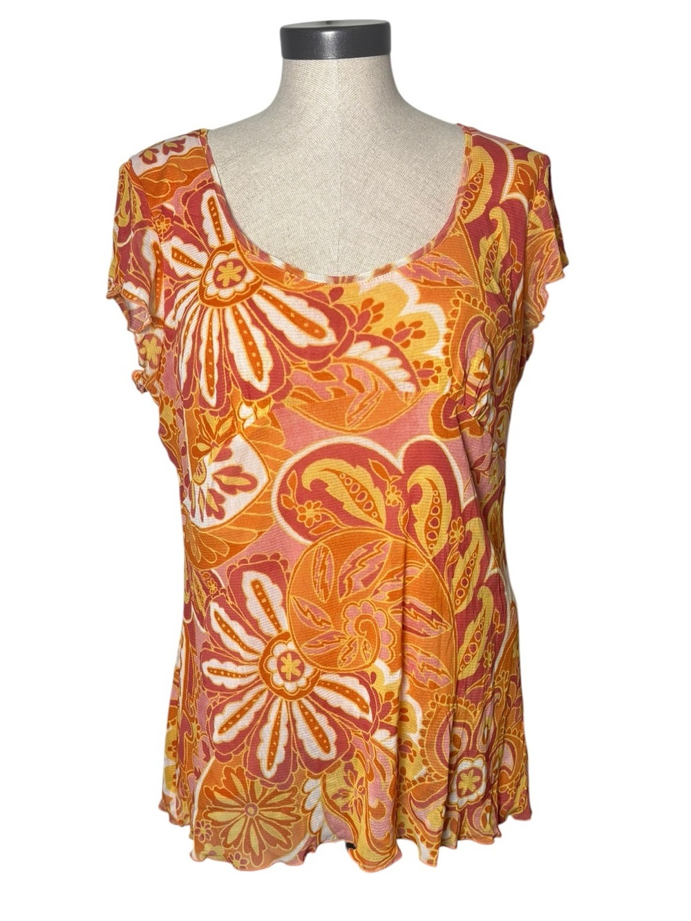Stamp 10 XL Retro Floral Paisley Top Orange Pink Boho Y2K Stretch Blouse